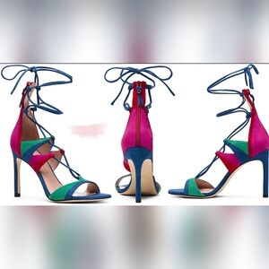 Stuart Weitzman Leg Wrap Lace Up Color Block Suede Sandals High Heels Shoes 8 M